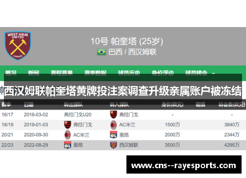 西汉姆联帕奎塔黄牌投注案调查升级亲属账户被冻结