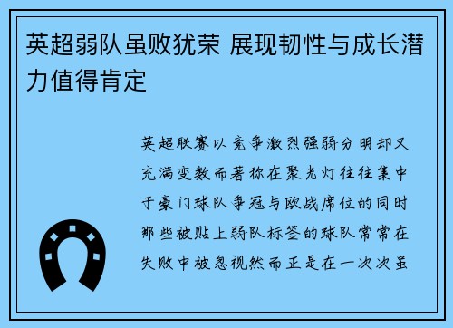 英超弱队虽败犹荣 展现韧性与成长潜力值得肯定