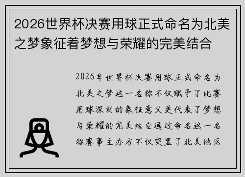 2026世界杯决赛用球正式命名为北美之梦象征着梦想与荣耀的完美结合